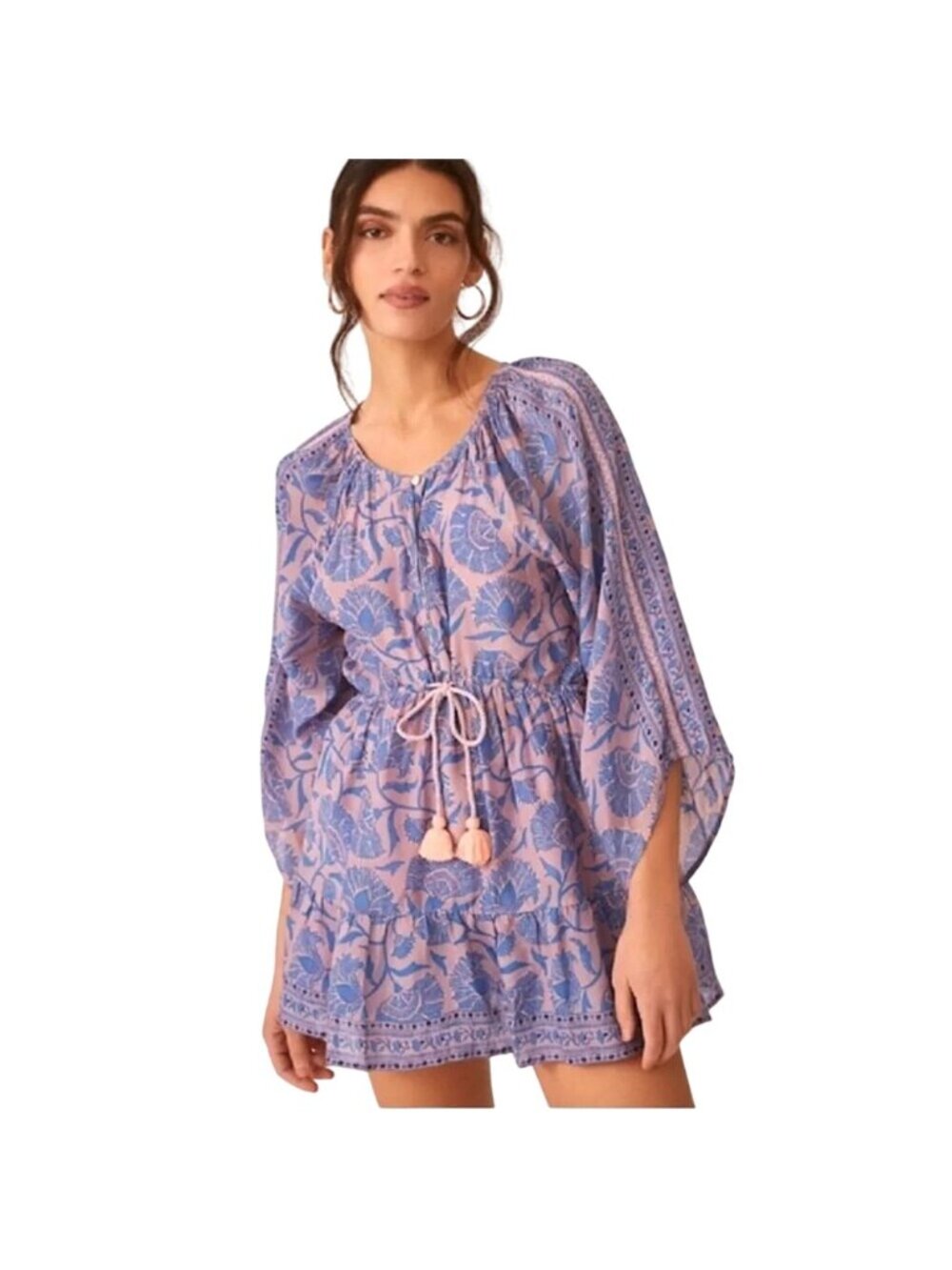 Omika Pink Blue Floral Tassel Boho Tunic Mini Dress Womens Size Medium
